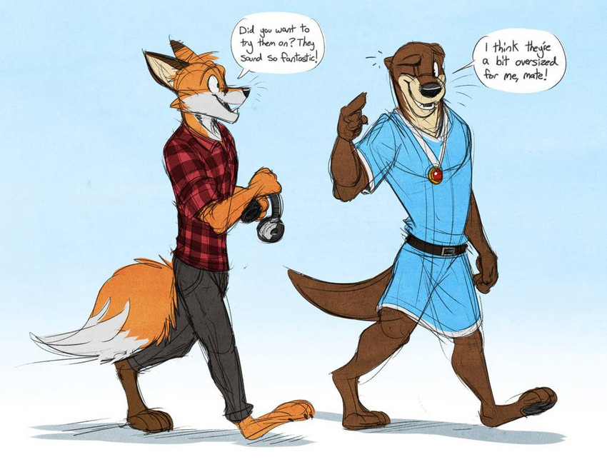 anthro belt brown_eyes clothing duo electronics headphones male medallion one_eye_closed shirt smile topwear walking wink temiree mountain_aj canid canine fox mammal mustelid otter