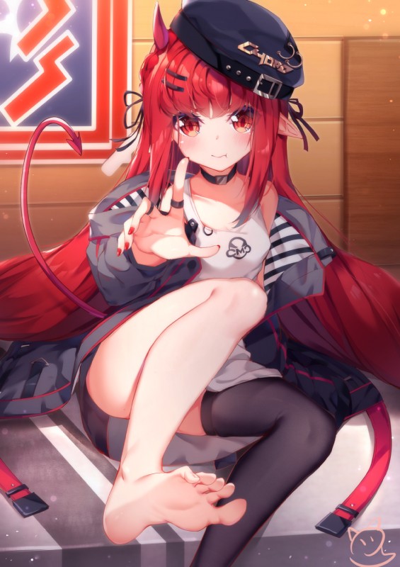 clothing female hair horn humanoid_pointy_ears inside long_hair looking_at_viewer not_furry pointy_ears red_eyes red_hair sitting solo spade_tail tail nahaki arknights hypergryph studio_montagne vigna_(arknights) demon demon_humanoid horned_humanoid humanoid hi_res