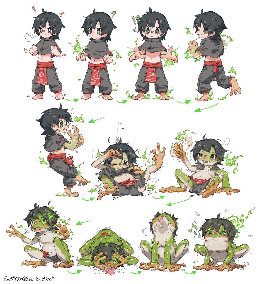 feral feral_transformation forced forced_transformation human_to_feral male question_mark solo species_transformation transformation transformation_sequence bismukky amphibian amphibian_humanoid animal_humanoid frog frog_humanoid human humanoid mammal hi_res