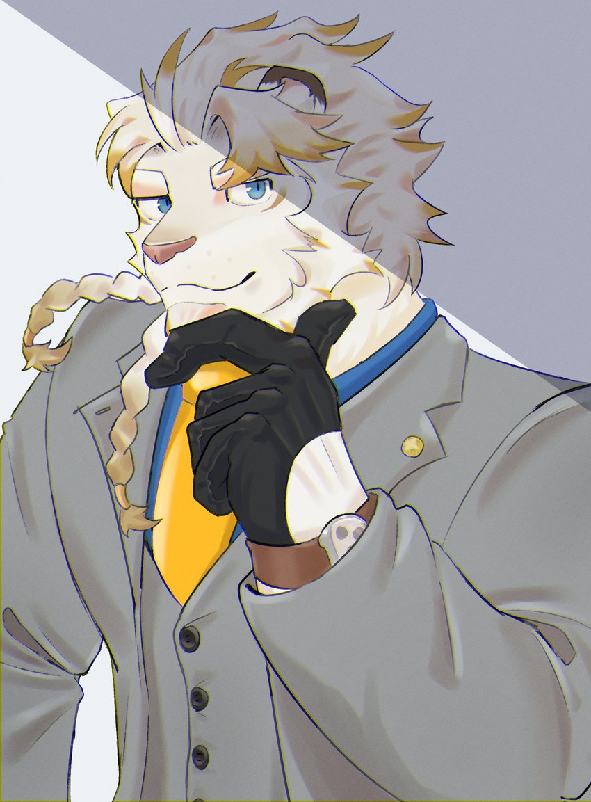 anthro blonde_hair braided_hair clothing formal_clothing fur gloves grey_clothing hair handwear male necktie solo suit text white_body white_fur ateeesta_92 lifewonders live_a_hero astosis felid lion mammal pantherine absurd_res english_text hi_res