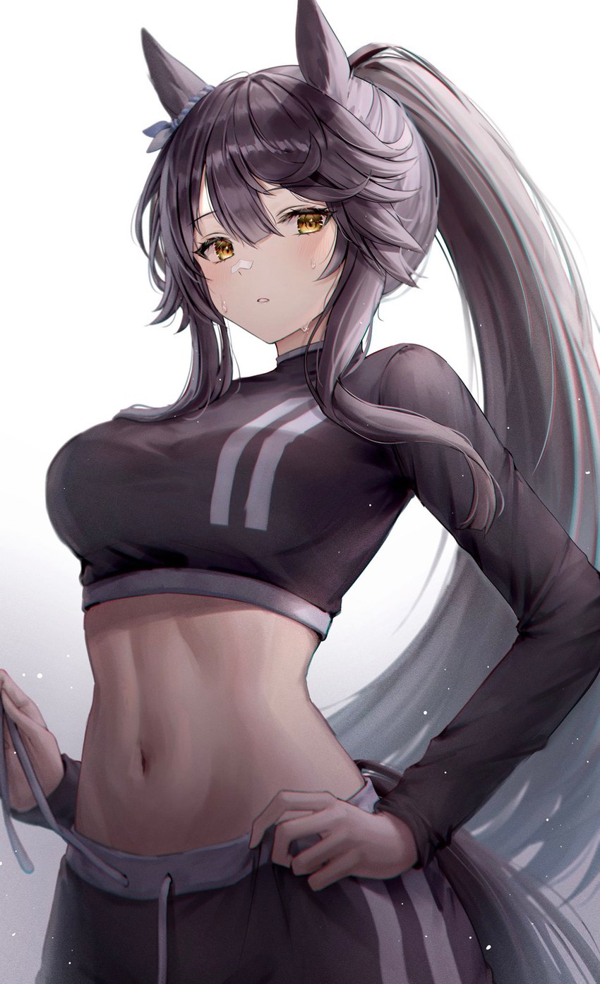 athletic athletic_female athletic_wear bodily_fluids bottomwear breasts clothing crop_top female grey_hair hair holding_string long_hair looking_at_viewer low-angle_view midriff navel pants ponytail shirt solo sweat sweatdrop sweatpants topwear yellow_eyes yoimoriyoru cygames uma_musume_pretty_derby narita_brian_(pretty_derby) animal_humanoid equid equid_humanoid equine equine_humanoid horse_humanoid humanoid mammal mammal_humanoid hi_res