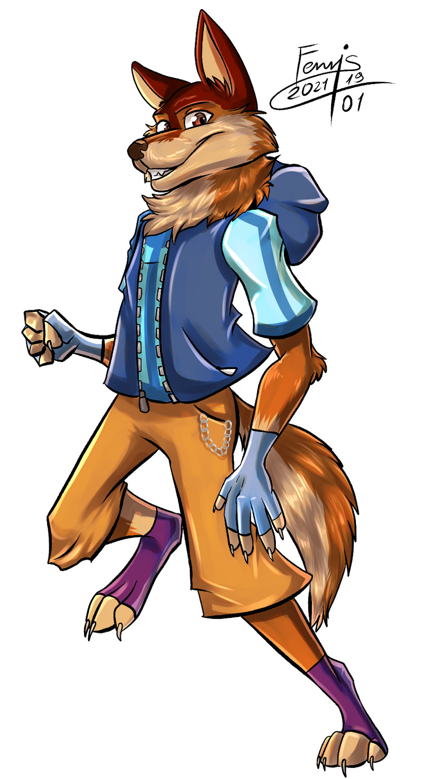 anthro bottomwear brown_body brown_eyes brown_fur chain claws clothing fingerless_gloves fist footwear fur gloves handwear male pose shorts sleveless_hoodie smile smirk socks solo teeth zipper fenris64 canid canine canis mammal wolf hi_res shaded