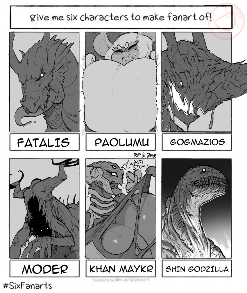 assisted_exposure big_breasts bodily_fluids breasts claws drooling exposed_breasts female huge_breasts male saliva sharp_teeth teeth tongue tongue_out krekk0v capcom doom_(series) doom_eternal godzilla_(series) id_software microsoft monster_hunter mythology six_fanarts_challenge the_ritual toho khan_maykr moder shin_godzilla alien alien_humanoid angel animal_humanoid deer deity demon elder_dragon fatalis flying_wyvern gogmazios humanoid hybrid kaiju mammal maykr monster paolumu reptile scalie hi_res meme monochrome