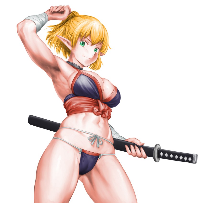 bandage big_breasts blonde_hair breasts camel_toe cleavage clothed clothing eyelashes female green_eyes hair holding_katana holding_melee_weapon holding_object holding_sword holding_weapon humanoid_pointy_ears katana melee_weapon navel panties pointy_ears purple_clothing purple_panties purple_topwear purple_underwear raised_arm simple_background smile solo sword tan_body tan_skin thick_thighs topwear underwear weapon white_background wide_hips minamoto80486 wizardry elf humanoid 1:1 hi_res