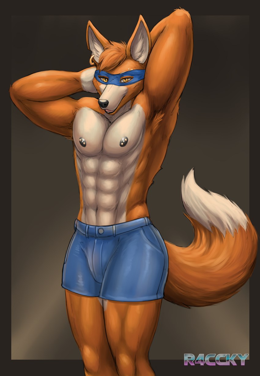 abs anthro areola biped bottomwear clothing countershade_torso countershading dipstick_tail ear_piercing ear_ring inner_ear_fluff male markings nipple_piercing nipples piercing ring_piercing shorts solo tail tail_markings tuft conditional_dnp cracky dora_the_explorer swiper_(dora_the_explorer) canid canine fox mammal hi_res