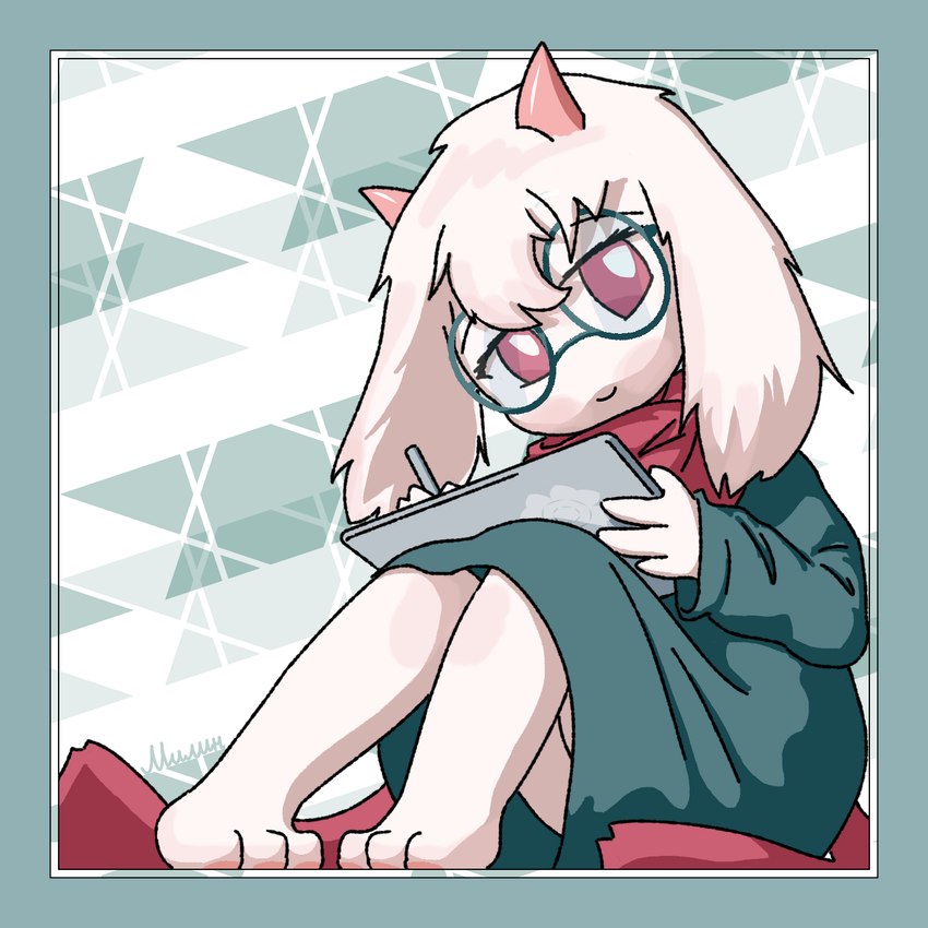 ambiguous_gender anthro blue_border border eyewear floppy_ears fluffy fur glasses horn paws red_eyes scarf sitting smile smiling_at_viewer solo white_body white_fur milin_goatmonsto deltarune monstio undertale_(series) ralsei ralsei_(monstio) ralsei_lazro bovid caprine goat mammal 1:1 hi_res male_(lore)