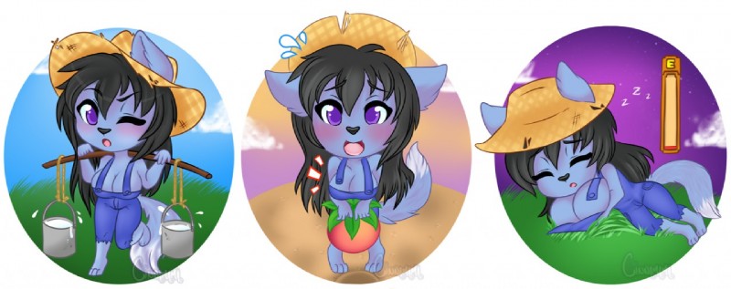 anthro big_breasts black_hair blush breasts chibi clothing farm farmer female food fruit hair hat headgear headwear milk one_eye_closed open_mouth overalls peach_(fruit) plant sleeping solo straw_hat summer sunset tired cinnamama stardew_valley lily_(dfstarfield) canid canine mammal