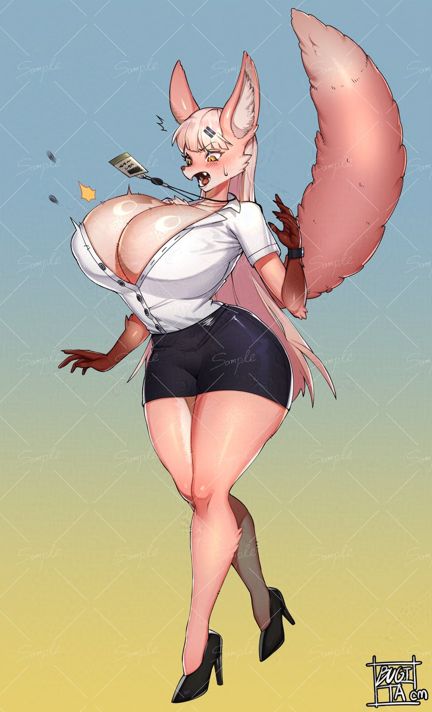 anthro big_breasts biped bodily_fluids bottomwear breasts business_attire clock clothed clothing eyelashes female footwear hair high_heels huge_breasts miniskirt open_mouth pupils shoes skirt solo surprised_expression sweat thick_thighs wardrobe_malfunction watch bugita loyse canid canine fox mammal absurd_res digital_drawing_(artwork) digital_media_(artwork) hi_res