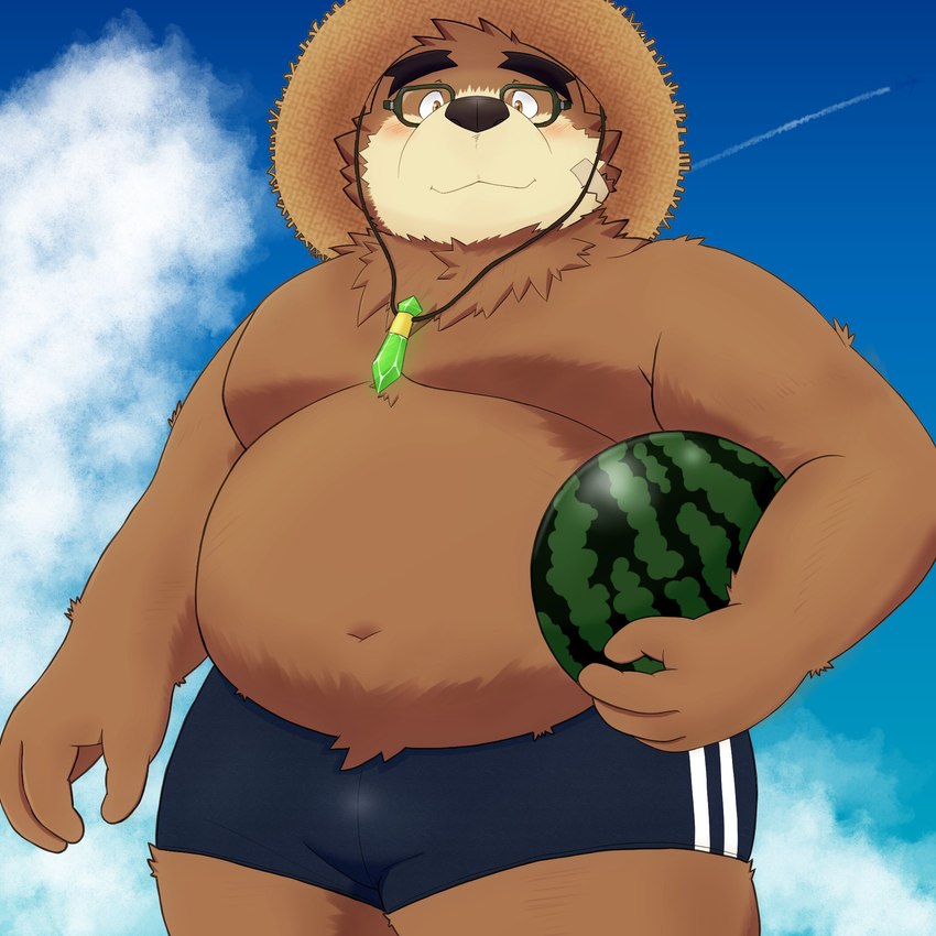 anthro belly blush bulge clothing eyewear food fruit glasses hat headgear headwear humanoid_hands kemono male melon moobs navel outside overweight overweight_anthro overweight_male plant solo straw_hat swimwear watermelon yaki_atsuage lifewonders tokyo_afterschool_summoners volos_(tas) bear mammal 1:1 2021 hi_res