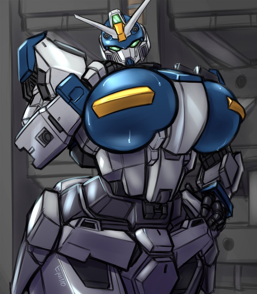 antennae_(anatomy) armor big_breasts blue_body blue_breasts breasts faceplate female green_eyes hand_on_breast hand_on_hip hangar head_cannon inside looking_at_viewer machine mecha metallic_body mouthless multicolored_body not_furry pauldron small_head solo two_tone_body wet_breasts white_body epsi110 gundam mobile_suit_gundam_seed gat-x102_duel_gundam humanoid mobile_suit robot robot_humanoid 2023 artist_name hi_res portrait shaded three-quarter_portrait