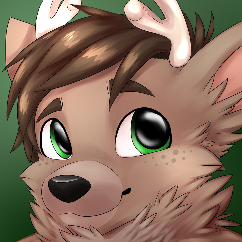 anthro antlers black_nose brown_body brown_fur brown_hair fluffy fur green_eyes hair horn looking_at_viewer male simple_background solo lylejones lyle_jones deer mammal 1:1 headshot_portrait hi_res icon portrait