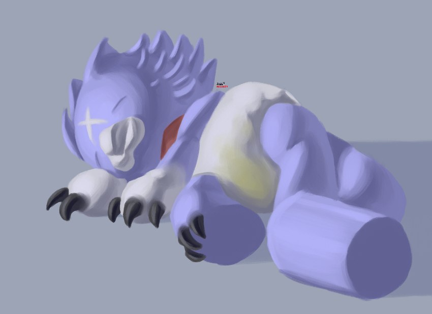 ambiguous_gender anthro black_claws bodily_fluids claw_toes claws clothed clothing diaper eyes_closed genital_fluids on_ground purple_body purple_tail sleeping solo tail unclean_diaper urine used_diaper wearing_diaper wet_diaper wetting wetting_diaper white_body white_diaper jubb bandai_namco digimon digimon_(species) gumdramon 2019 signature