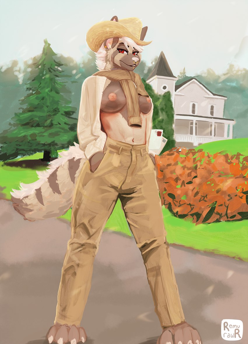 anthro breastless_clothing breasts clothed clothing cowgirl_outfit detailed_background exposed_breasts facial_piercing female nipples nose_piercing nose_ring outside piercing plant pose ring_piercing skimpy solo tree remurawr rumor_(remurawr) hyena mammal hi_res painting_(artwork) pinup