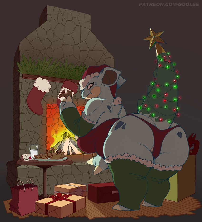 anthro bent_over biped blue_body breasts butt clothed clothing detailed_background eating eating_food female firelight fireplace gift holidays looking_at_viewer looking_back looking_back_at_viewer partially_visible_vulva raised_tail solo tail text goolee christmas nintendo pokemon generation_1_pokemon nidoqueen pokemon_(species) 2023 alternate_version_at_paywall artist_name url