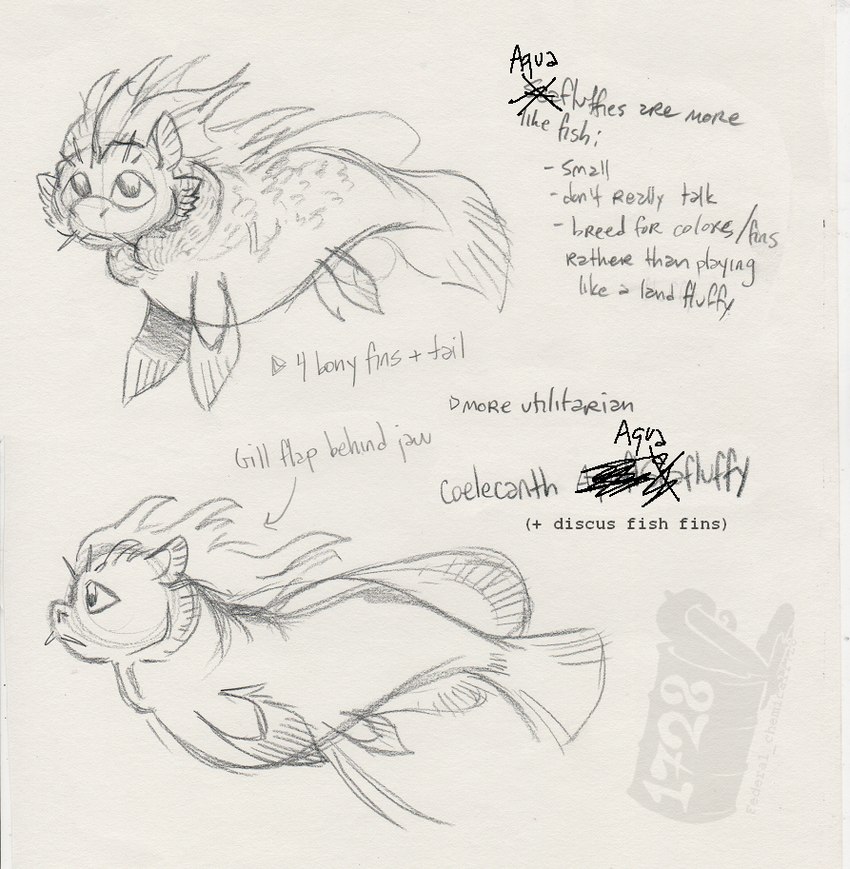 ambiguous_gender barbel_(anatomy) cheek_fins directional_arrow ear_fins feral fin gills mane notes simple_background snout solo tail tail_fin text white_background ed_mortis fluffy_pony coelacanth fish fluffy_pony_(species) lobe-finned_fish mammal marine seafluff 2024 english_text graphite_(artwork) greyscale handwritten_text monochrome multiple_images pencil_(artwork) sketch sketch_page traditional_media_(artwork) watermark