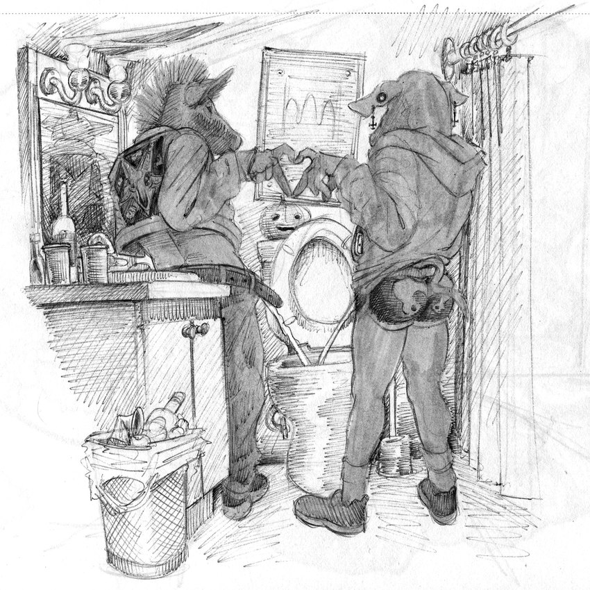 anthro bathroom belt bodily_fluids bottomwear clothed clothing denim denim_bottomwear denim_clothing duo genital_fluids hotpants jack-o'-lantern jeans male pants peeing peeing_together piercing shorts skeleton_clothing toilet toilet_sharing urine momamo domestic_pig mammal suid suine sus_(pig) 1:1 hi_res monochrome