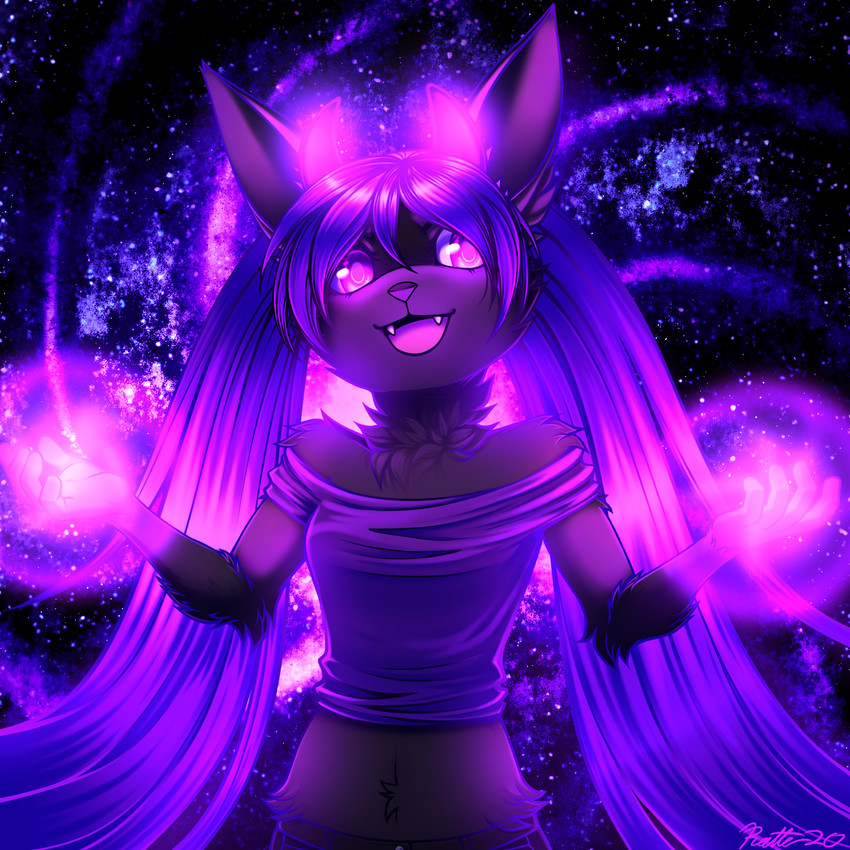 5_fingers anthro biped black_body black_ears black_fur breasts clothing crop_top fangs female fingers fur galaxy glowing glowing_hands glowing_horn hair horn long_hair magic open_mouth open_smile pigtails purple_hair shirt small_breasts smile solo teeth topwear conditional_dnp ratte lagomorph leporid mammal rabbit 1:1 2020 digital_media_(artwork) half-length_portrait hi_res portrait signature