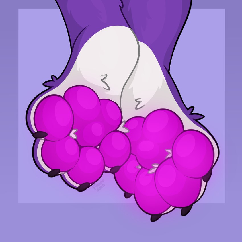 ambiguous_gender anthro bioluminescence claws feet foot_focus fur glowing hindpaw magenta_pawpads male pawpads paws purple_body purple_fur simple_background solo toe_claws toes frodo voyde_(vocitus40000) canid canine fox mammal 1:1