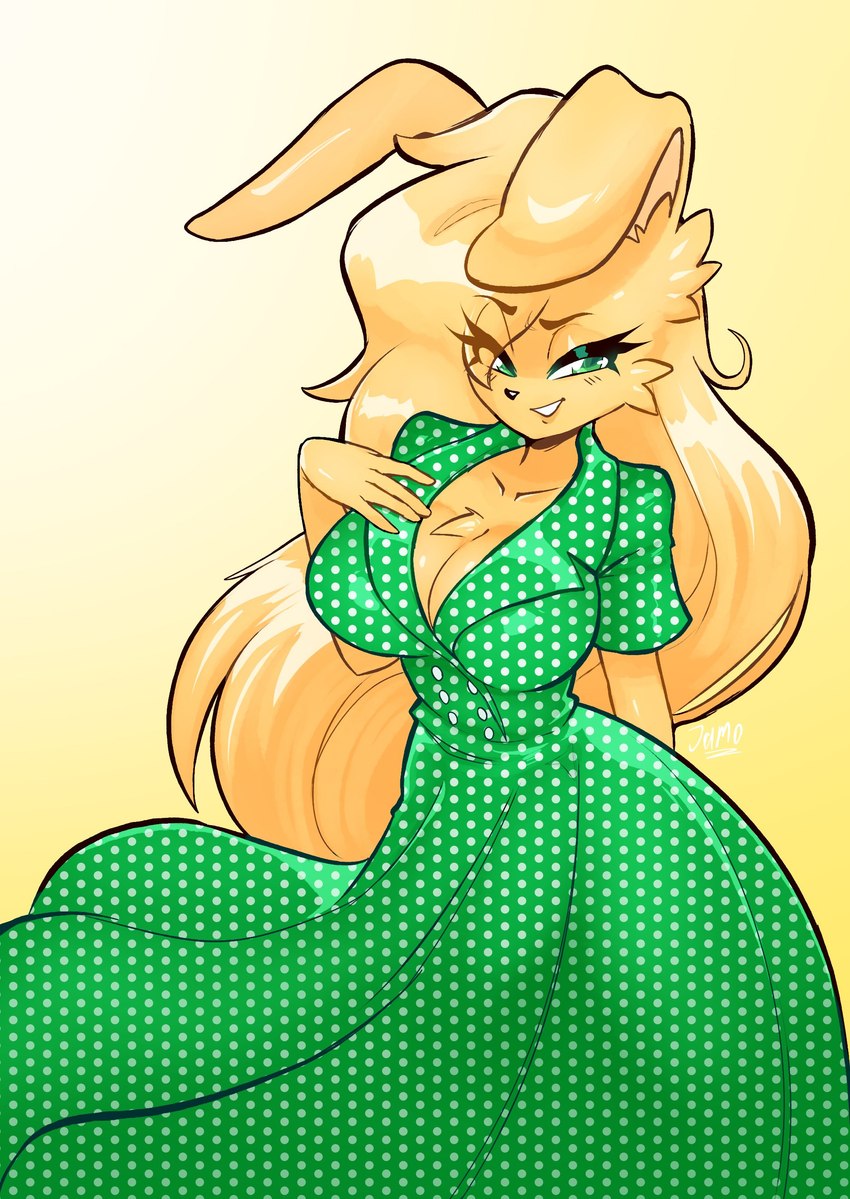 anthro big_breasts blonde_hair breasts cleavage clothed clothing dress eye_through_hair female fur green_clothing green_dress green_eyes hair half-closed_eyes long_hair looking_at_viewer narrowed_eyes polka_dot_dress polka_dots simple_background solo standing translucent translucent_hair yellow_background yellow_body yellow_fur jamoart katie_shrine lagomorph leporid mammal rabbit 2023 absurd_res hi_res