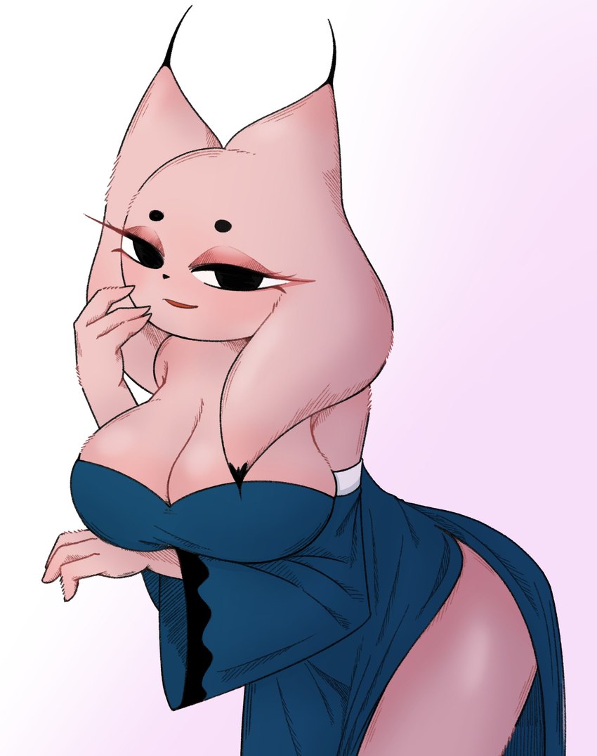 anthro big_breasts black_body black_eyes black_fur blush breasts cleavage clothed clothing dipstick_ears ear_markings ear_tuft eyelashes female floppy_ears fur hand_under_breast huge_breasts looking_at_viewer lop_ears multicolored_ears open_mouth open_smile pink_background pink_body pink_fur simple_background smile solo thick_thighs tuft white_background wide_hips dangome nine_sols red_candle_games lady_ethereal_(nine_sols) felid feline mammal solarian absurd_res hi_res