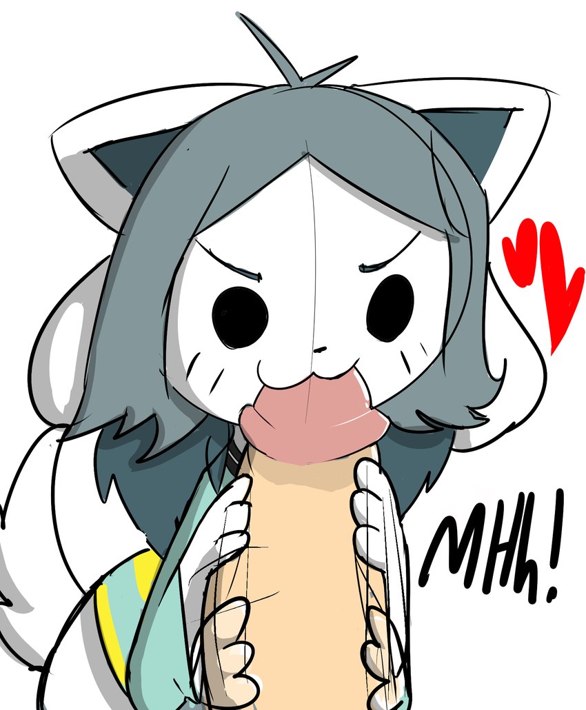 >:3 clothing determined duo faceless_character faceless_male female genitals grey_hair hair handjob head_tuft heart_symbol male male/female motion_blur onomatopoeia oral owo penile penis sex shirt simple_background sound_effects tail text topwear tuft white_background neko3240 undertale undertale_(series) temmie_(undertale) tem 2015 hi_res