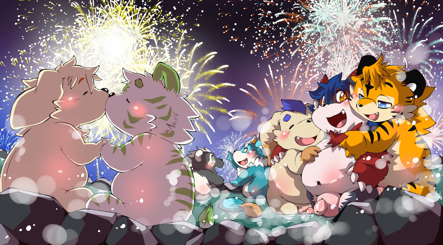 aged_down ambiguous_gender animal_genitalia anthro anthro_on_anthro balls bedroom_eyes belly big_belly big_butt big_tail birthday birthday_cake black_body black_ears black_fur black_nose black_stripes black_tail black_tail_tip blue_body blue_eyes blue_fur blue_hair blue_markings blue_tail blue_tail_tip blush brown_ear_tips brown_eye brown_markings butt cake cake_on_head casual_nudity cheek_tuft curvy_figure cute_fangs dessert dipstick_ears dipstick_tail duo ear_markings eyes_closed facial_markings facial_tuft fangs fireworks flaccid floppy_ears food fur genitals glans glistening glistening_balls glistening_belly glistening_body glistening_eyes glistening_genitalia glistening_glans glistening_penis glistening_skin glistening_tongue gloves_(marking) green_body green_ears green_eyes green_fur green_stripes green_tail_tip group hair hand_on_belly hand_on_moobs happy happy_birthday head_markings heart_symbol holidays huge_belly humanoid_genitalia humanoid_penis hybrid_genitalia hybrid_penis kissing kneeling leg_markings licking licking_another light long_ears long_tail lying male male/male markings multicolored_body multicolored_ears multicolored_fur musical_note musical_symbol narrowed_eyes navel neck_tuft night nude on_another on_front one_eye_closed open_mouth open_smile orange_body orange_eyes orange_fur orange_hair orange_tail outside overweight overweight_anthro overweight_male partially_submerged penis pink_body pink_fur pink_glans pink_sheath pink_tongue pond pupils red_body red_ear_tips red_fur red_markings seductive sheath sheathed_humanoid_penis short_tail shota simple_background sitting slightly_chubby slightly_chubby_anthro slightly_chubby_male slightly_chubby_young slit_pupils smile snout socks_(marking) striped_body striped_fur striped_markings striped_tail stripes symbol tail tail_markings tan_body tan_fur teeth text thick_thighs tongue tuft two_tone_body two_tone_ears two_tone_fur water white_background white_body white_fur white_hair white_sclera white_tail yellow_eyes young young_anthro young_male chibineco new_year new_year_2025 rados_vein_(judenight) canid canine canis domestic_dog felid feline felis mammal mephitid pantherine skunk tiger unknown_species 2026 absurd_res colored digital_drawing_(artwork) digital_media_(artwork) english_text flat_colors hi_res lighting shaded widescreen