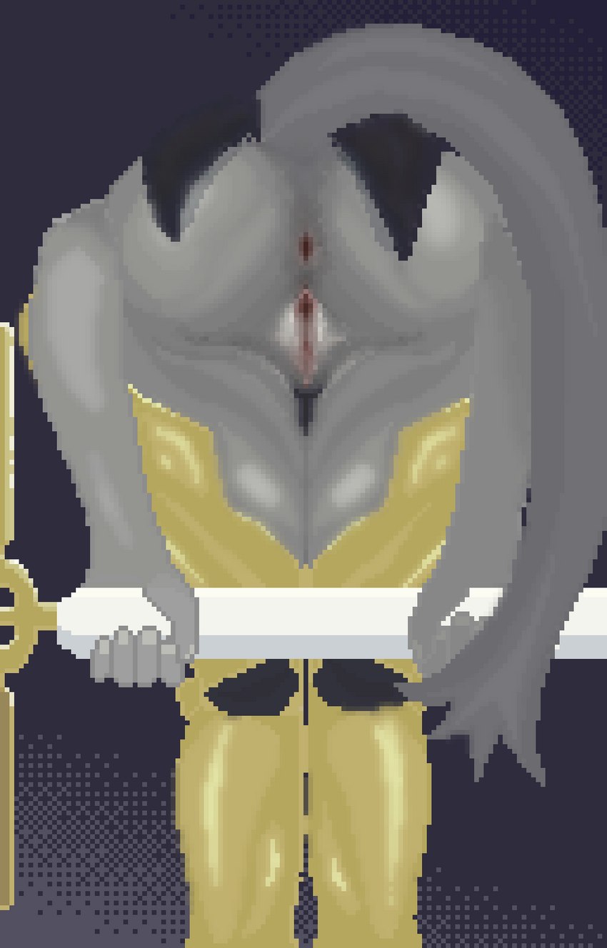 anus armor bent_over butt dream_breaker_(pseudoregalia) female fur genitals gold_(metal) gold_armor greaves grey_body grey_fur holding_object holding_weapon pussy rear_view solo spread_butt spread_pussy spreading tail weapon u4e praise_da_booty_(meme) pseudoregalia sybil_(pseudoregalia) digital_media_(artwork) hi_res pixel_(artwork) upscale