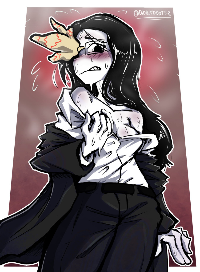 1_eye bare_shoulders belt big_breasts black_hair blush blush_lines bodily_fluids bottomwear breasts button_(fastener) clenched_teeth clothed clothing collared_shirt denim denim_bottomwear denim_clothing dress_shirt embarrassed eyewear female flying_sweatdrops glasses hair jacket jeans long_hair nervous nervous_smile nervous_sweat open_clothing open_jacket open_suit open_topwear pants shirt simple_background slacks solo suit suit_jacket sweat sweatdrop sweaty_breasts teeth text topwear wearing_glasses white_body white_clothing white_shirt white_skin white_topwear diddlydooter1 ena:_dream_bbq ena_(series) coral_glasses_(ena) animal_humanoid anthozoan anthozoan_humanoid cnidarian cnidarian_humanoid coral coral_humanoid digital_creature dream_creature humanoid marine marine_humanoid absurd_res artist_name digital_drawing_(artwork) digital_media_(artwork) hi_res signature