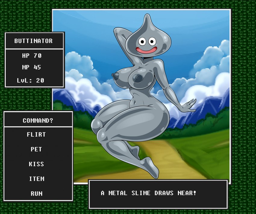 breasts female gameplay_mechanics looking_at_viewer navel nipples not_furry open_mouth pose solo text lonbluewolf dragon_quest square_enix humanoid metal_slime slime_(dragon_quest) 2022 english_text