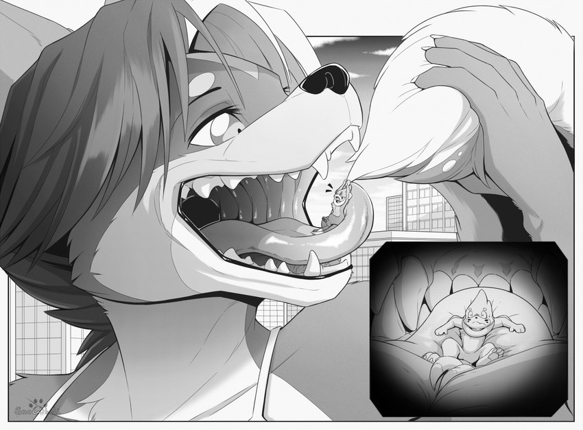 5_fingers anthro building city claws cloud day detailed_background duo emanata extreme_size_difference female fingers fully_inside looking_at_another macro male male/female open_mouth oral_vore outside partially_inside scared size_difference sky tongue tongue_out vore s2-freak nintendo pokemon jamie_(s2-freak) buizel canid canine canis domestic_dog generation_4_pokemon husky mammal nordic_sled_dog pokemon_(species) spitz 2023 digital_drawing_(artwork) digital_media_(artwork) monochrome watermark