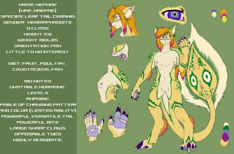 4_toes 5_fingers anthro areola biped breasts claws close-up color_swatch digitigrade featureless_crotch feet female fingers front_view gills gradient_claws gradient_hair green_background green_markings hair hindpaw humanoid_hands iris leaf leaf-shaped_tail_tip leaf_tail long_hair markings navel nipples open_mouth orange_hair orange_to_purple_gradient outline pawpads paws prehensile_tail pupils purple_areola purple_body purple_eyes purple_finger_claws purple_hairtip purple_nipples purple_pawpads purple_to_blue_gradient purple_toe_claws realistic_eyes sickle_claw side_boob side_view simple_background small_breasts solo spade_tail sparklefur standing tail tail_tuft teeth text toe_claws toes tuft white_text yellow_body yellow_skin rudethefox nephae_(rudethefox) alien amphibian ceranid hybrid mammal marsupial 2009 character_name digital_drawing_(artwork) digital_media_(artwork) english_text flat_colors model_sheet