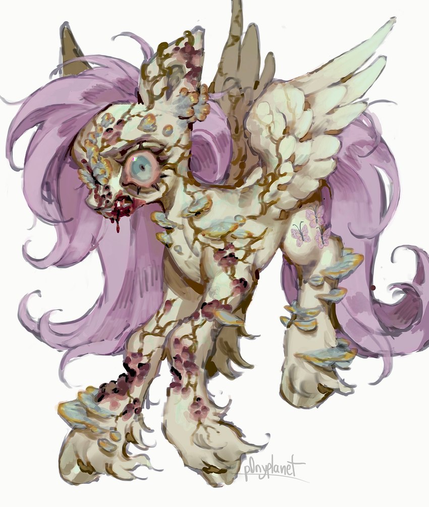 blood blood_drip blood_on_face bloodshot_eyes bodily_fluids clenched_teeth creepy dripping feathered_wings feathers female feral fetlocks fungus fur gore green_eyes hair hooves infected insane long_hair mushroom pink_hair pink_tail simple_background solo tail teeth white_background wings yellow_body yellow_fur p0nyplanet friendship_is_magic hasbro my_little_pony mythology naughty_dog sony_corporation sony_interactive_entertainment the_last_of_us fluttershy_(mlp) clicker_(tlou) cordyceps equid equine mammal mythological_creature mythological_equine pegasus crossover digital_drawing_(artwork) digital_media_(artwork) hi_res watermark