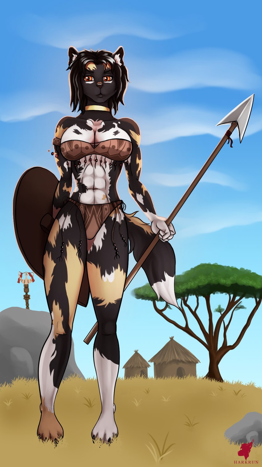 4_toes 5_fingers abs anthro athletic athletic_anthro athletic_female bra breasts claws cleavage clothed clothing feet female fingers hindpaw holding_melee_weapon holding_object holding_polearm holding_shield holding_spear holding_weapon humanoid_hands melee_weapon muscular muscular_anthro muscular_female navel panties paws plant polearm rock shield skimpy solo spear standing strapless_bra strapless_clothing strapless_underwear toe_claws toes tree tribal tribal_clothing underwear village warrior weapon harkrun bisonbull92 celina_(bisonbull92) african_wild_dog canid canine mammal 2021 9:16 hi_res signature