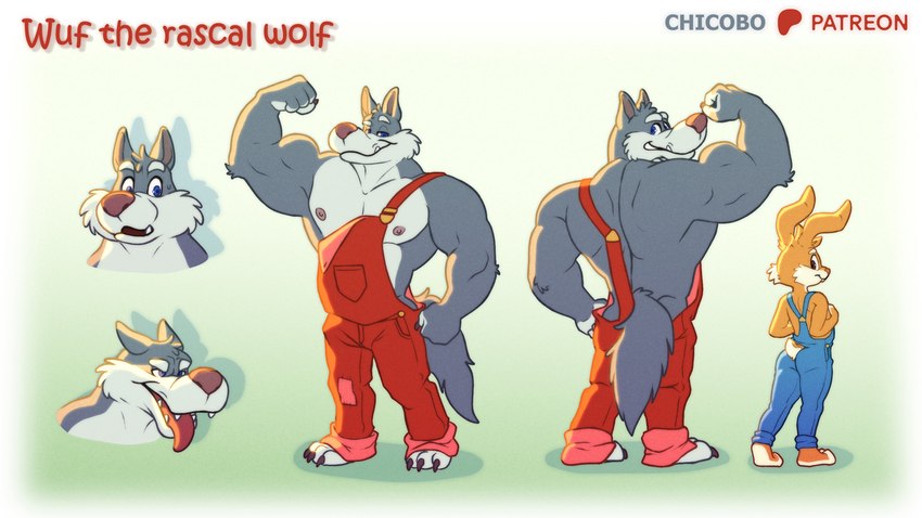 anthro bottomwear buckteeth butt_outline clothing cotton_tail countryside denim denim_bottomwear denim_clothing duo fangs farmer flexing fur jeans male male/male male_anthro multicolored_body multicolored_fur muscular muscular_male nipples orange_body orange_fur overalls overalls_only pants pointy_ears pose rural size_difference tail teeth tongue tongue_out two_tone_body two_tone_fur chicobo canid canine canis lagomorph leporid mammal rabbit wolf 16:9 hi_res widescreen