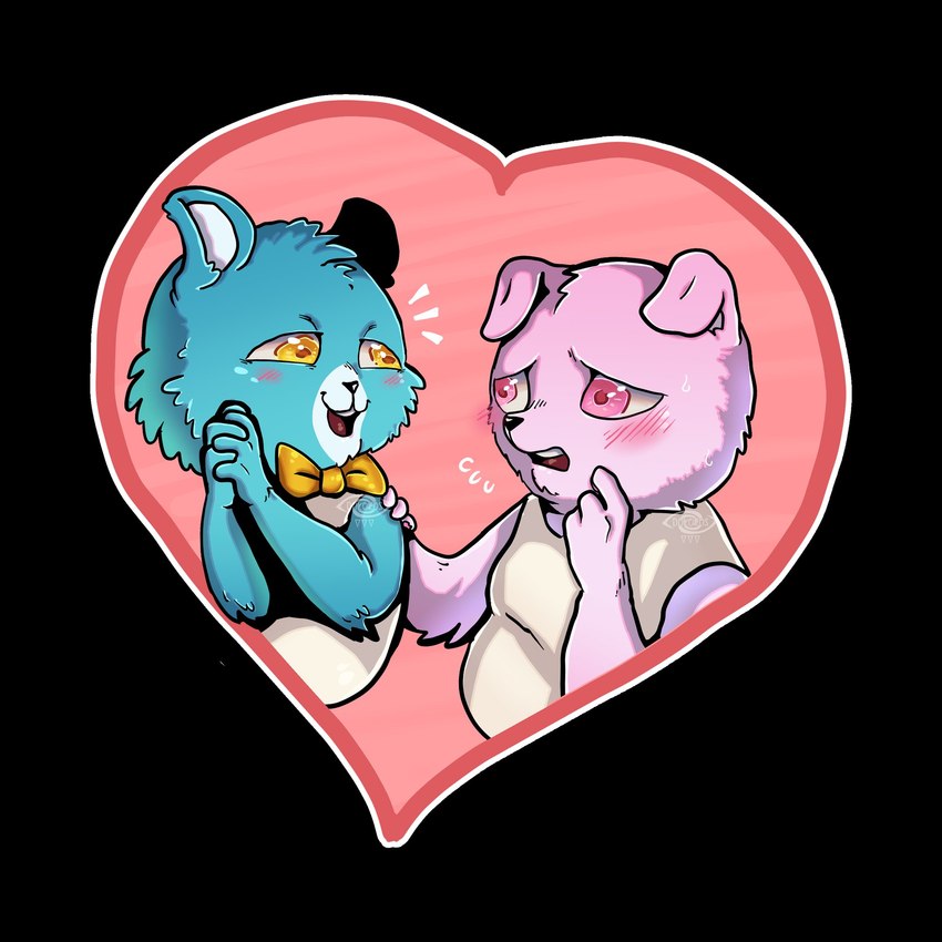 anthro blue_body blush clothing duo humanoid_hands pink_body pink_eyes shirt slightly_chubby topwear dolokoss unicorn_wars achuchones_(unicorn_wars) gordi_(unicorn_wars) bear mammal 1:1 2023 hi_res