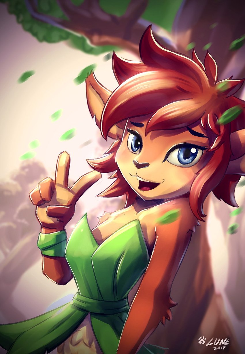 5_fingers anthro blue_eyes clothing dress female fingers gesture green_clothing green_dress hair hand_gesture leaf leaf_clothing leaf_dress notched_ear plant solo tree v_sign lunesnowtail activision spyro_the_dragon elora faun_(spyro) 2019 dated digital_media_(artwork) hi_res shaded signature