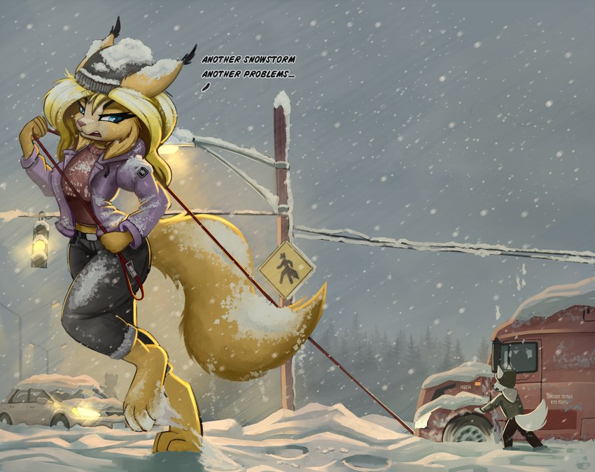 anthro car clothed clothed_anthro clothed_female clothing dialogue female female_anthro macro road snow snowstorm solo speech_bubble text vehicle lightly-san lightly_breeze_(pony-way) felid feline lynx mammal 2023 digital_media_(artwork) digital_painting_(artwork) english_text hi_res