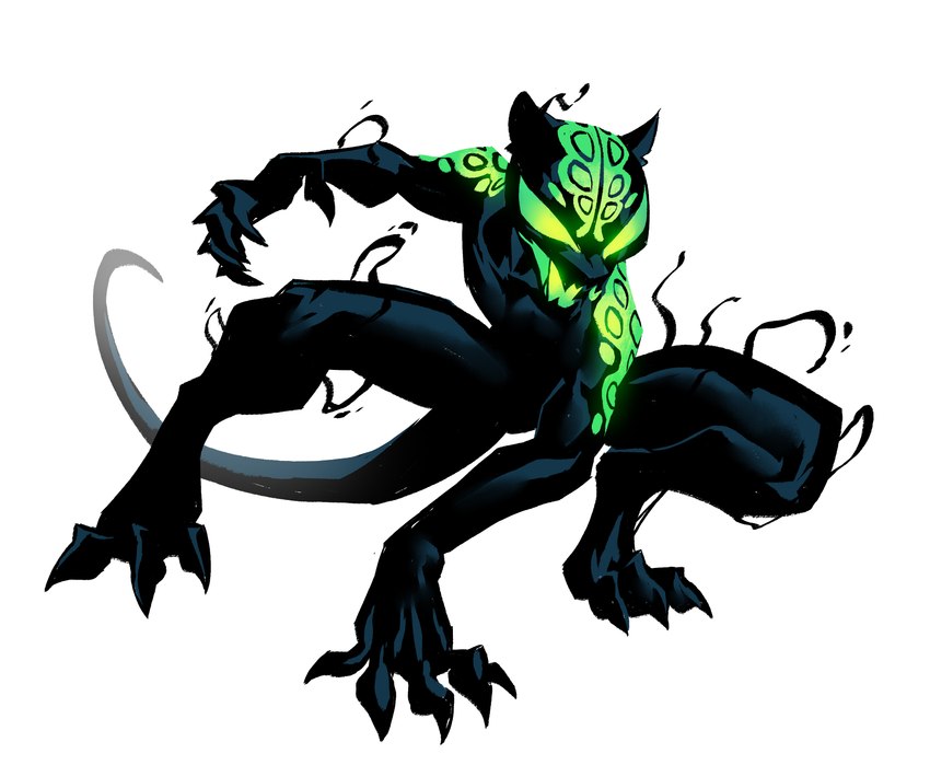 after_transformation anthro black_body claws crouching featureless_crotch feet fingers fur glowing glowing_eyes glowing_markings glowing_mouth green_markings hand_on_ground looking_at_viewer male markings nude open_mouth simple_background solo tail teeth tendrils white_background maxspite alien felid humanoid mammal pantherine symbiote absurd_res digital_media_(artwork) hi_res