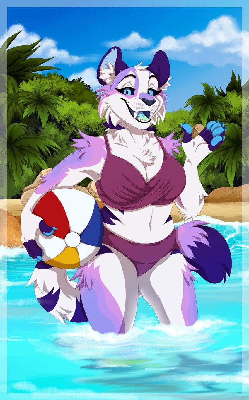 anthro ball beach beach_ball bikini black_sclera clothing fangs female fluffy holding_beach_ball inflatable looking_at_viewer multicolored_tongue overweight overweight_female pawpads sabertooth_(anatomy) seaside slightly_chubby slightly_chubby_female solo stripes swimwear teeth tongue two-piece_swimsuit shilohyeen zeta_(arcticsnowfex) felid mammal pantherine prehistoric_species saber-toothed_tiger smilodon snow_leopard tiger absurd_res hi_res