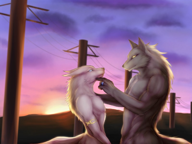 abs anthro athletic biceps blue_eyes chest_tuft cloud duo fur grey_body grey_fur jewelry love male male/male mountain muscular nude outside pecs pose ring romantic romantic_ambiance romantic_couple sky smile sunset tail tender tuft urban white_body white_fur yellow_eyes zex canid canine canis mammal wolf fay_(disambiguation) 4:3