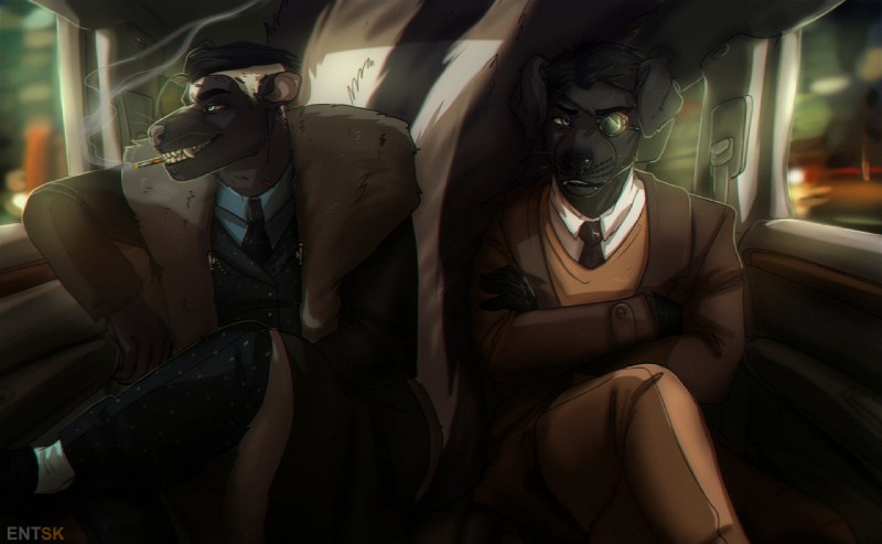 anthro black_nose clothed clothing detailed_background duo male pink_nose sitting smile smoking teeth entsk canid canine canis domestic_dog mammal mephitid skunk