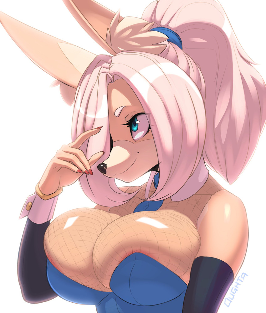 anthro areola armwear big_breasts blonde_hair blue_eyes breast_squish breasts bunny_costume cleavage cleavage_overflow clothed clothing collar colored_nails costume cuffs_(clothing) elbow_gloves female fishnet_clothing fishnet_topwear gloves hair handwear leotard nails ponytail red_nails simple_background skindentation smile solo squish topwear white_background oughta marie_(oughta) canid canine fox mammal digital_media_(artwork) hi_res shaded