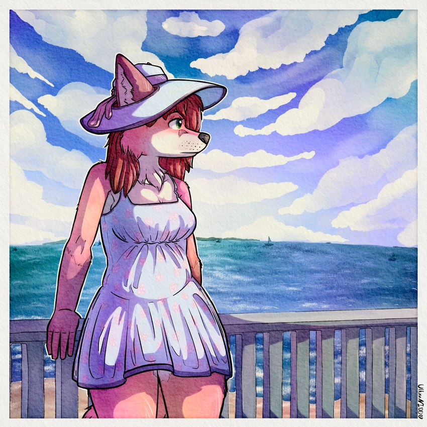 anthro beach biped clothed clothing cloud dress female fur hair hat headgear headwear outside sea seaside simple_background sky solo standing sun_hat sundress topwear water white_body white_fur wide_brim_hat ultranidd canid canine canis fox mammal 1:1 absurd_res digital_media_(artwork) hi_res