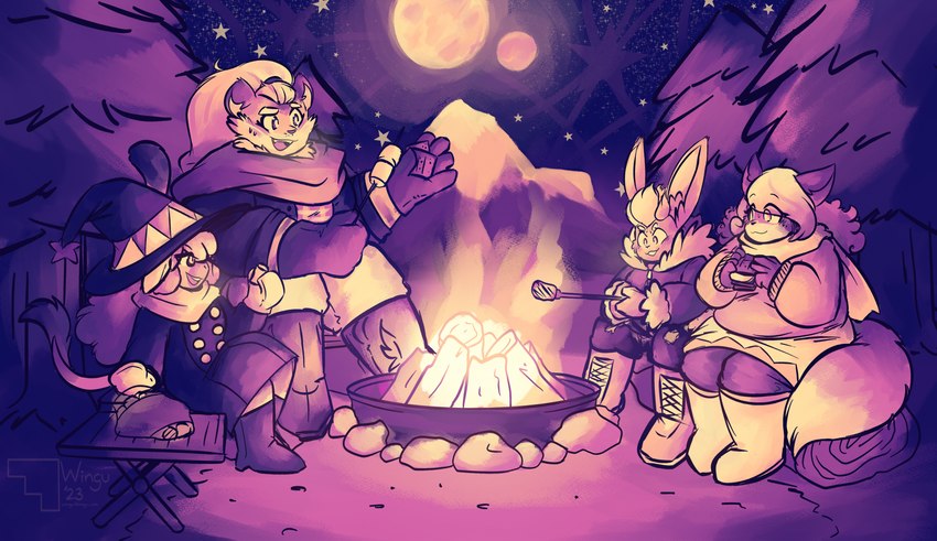 anthro beverage campfire candy chocolate cosmic_background dessert evergreen_tree female fireplace food group hot_chocolate moon mountain night pine_tree plant roasting_marshmallow scarf snow starry_background tree winguthings super_lesbian_animal_rpg allison_goleta claire_higsby jodie_caldwell melody_amaranth bovid bovine canid canine cattle felid fox lagomorph leporid mammal pantherine rabbit tiger 2023 hi_res trans_(lore) trans_woman_(lore)