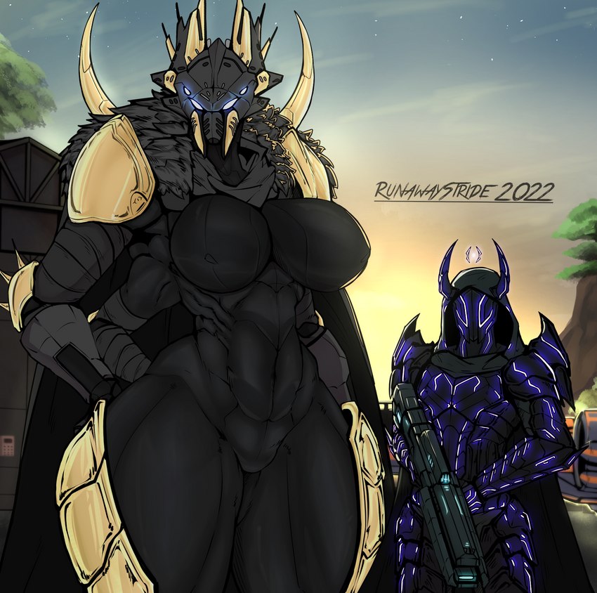 4_arms 4_eyes abs armor big_breasts biped breasts cape clothed clothing duo female fur glowing glowing_eyes gold_(metal) gun hand_on_hip headgear helmet hood horn huge_breasts hunter_(destiny_2) latex latex_clothing latex_skinsuit male multi_arm multi_eye multi_limb muscular muscular_female muscular_thighs plant ranged_weapon rubber_clothing scarf science_fiction size_difference skinsuit sky spacecraft spikes suit thick_thighs tight_clothing tree vehicle weapon runawaystride destiny_(video_game) destiny_2 alien alien_humanoid eliksni fallen_captain human humanoid mammal 2022 digital_drawing_(artwork) digital_media_(artwork) hi_res signature