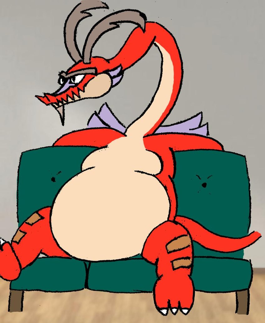 3_toes belly big_belly claws feet furniture horn long_neck male moobs overweight overweight_male sitting sofa solo tail toes wings el_booki mythology nintendo the_legend_of_zelda wind_waker valoo dragon mythological_creature mythological_scalie scalie