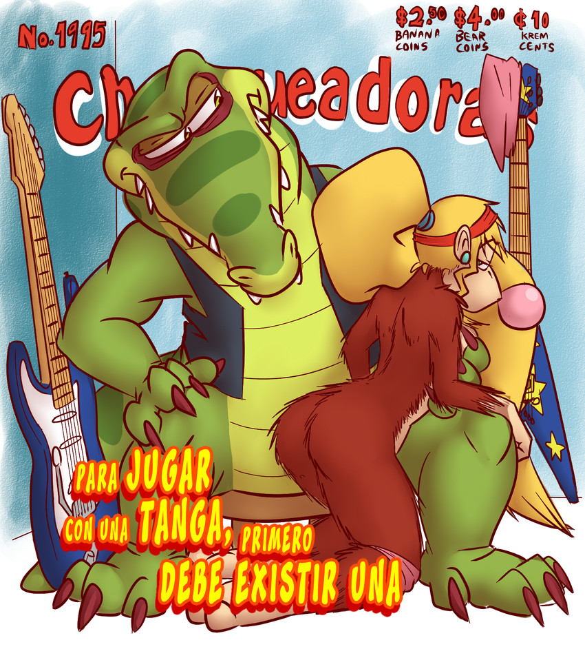 anthro butt duo electric_guitar female guitar hairy male male/female musical_instrument parody plucked_string_instrument string_instrument text shesamonkey diddy_kong_racing donkey_kong_(series) nintendo rareware dixie_kong krunch_the_kremling ape crocodilian gorilla haplorhine mammal primate reptile scalie english_text hi_res