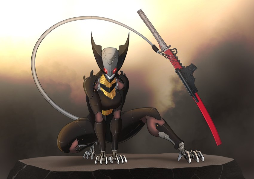 anthro claws crossgender female looking_at_viewer machine melee_weapon red_eyes solo sword weapon spacemaxmarine konami metal_gear metal_gear_rising:_revengeance platinumgames blade_wolf arctic_fox canid canine fox lq-84_fenrir mammal robot robot_anthro true_fox hi_res