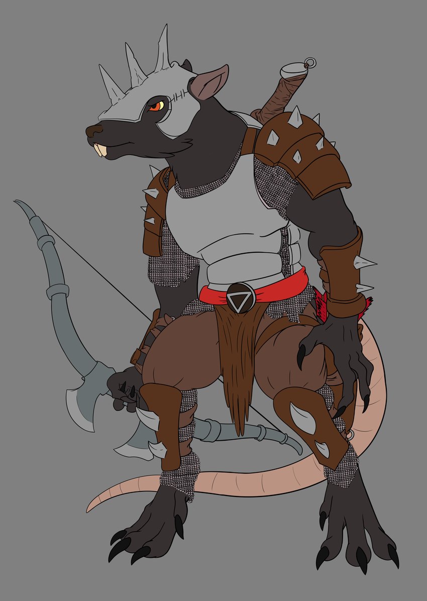 anthro armor black_body black_fur bow_(weapon) buckteeth chainmail claws clothed clothing digitigrade fully_clothed fur hairless_tail headgear helmet holding_bow_(weapon) holding_object holding_ranged_weapon holding_weapon looking_away male melee_weapon orange_eyes ranged_weapon rat_tail simple_background solo spaulder standing sword tail teeth weapon spiritalpha wotan888 warhammer_(franchise) warhammer_fantasy uriel_(toms_mark) mammal murid murine rat rodent skaven 2020 absurd_res artist_collaboration digital_drawing_(artwork) digital_media_(artwork) full-length_portrait hi_res portrait