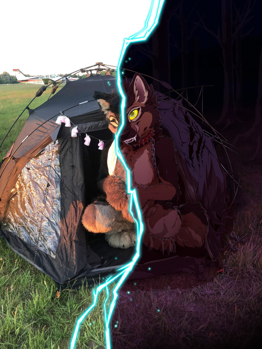 4_toes aircraft airplane anthro breasts chain claws collar detailed_background electricity fangs feet female forest fursuiter fursuiting grass green_eyes licking licking_lips licking_own_lips night outside paws plant self_lick smile solo split_screen teeth tent toes tongue tongue_out tree vehicle yellow_sclera tirrel canid canine canis domestic_dog german_shepherd herding_dog mammal pastoral_dog 2020 3:4 digital_media_(artwork) hi_res